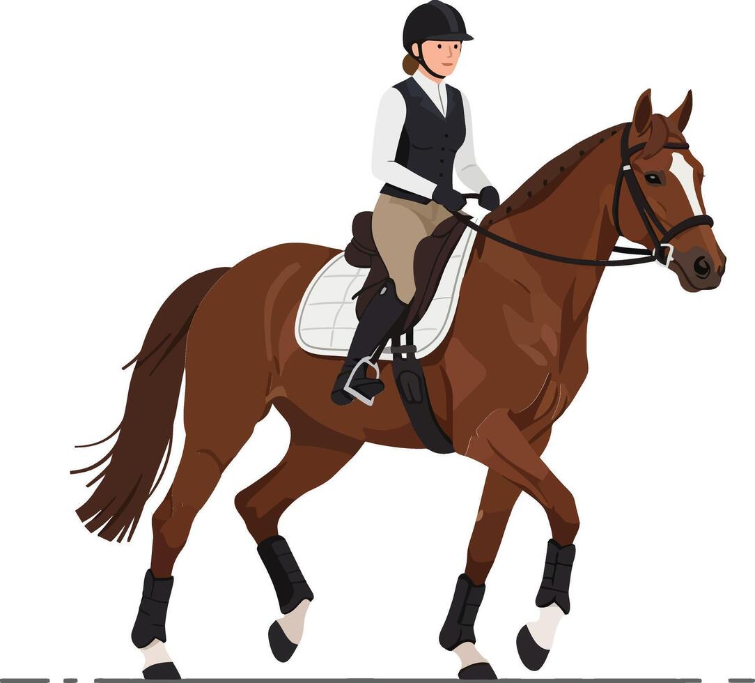 Equestrian rider in formal attire confidently guiding a chestnut horse through a graceful trot, showcasing flat art style vector