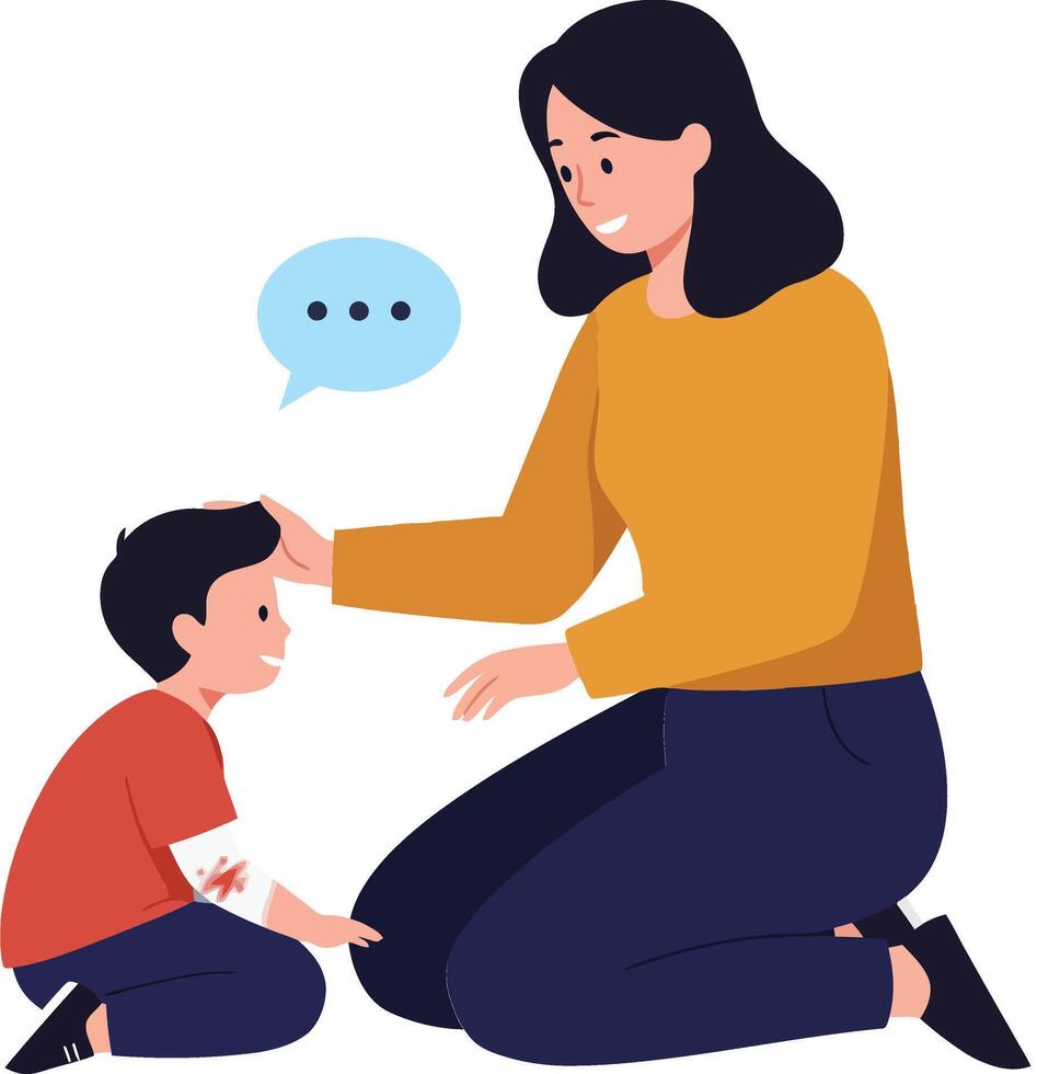 Caring mother kneeling to comfort her son with a scraped knee in flat art style illustrating empathy and nurturing bond vector