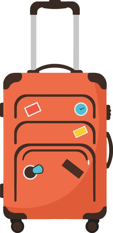 Bright orange travel suitcase with colorful stickers in a minimal design representing adventure and exploration art vector