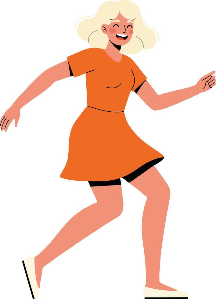 Young woman joyfully running in a bright orange dress, flat design style, expressing happiness and energy in vibrant art vector
