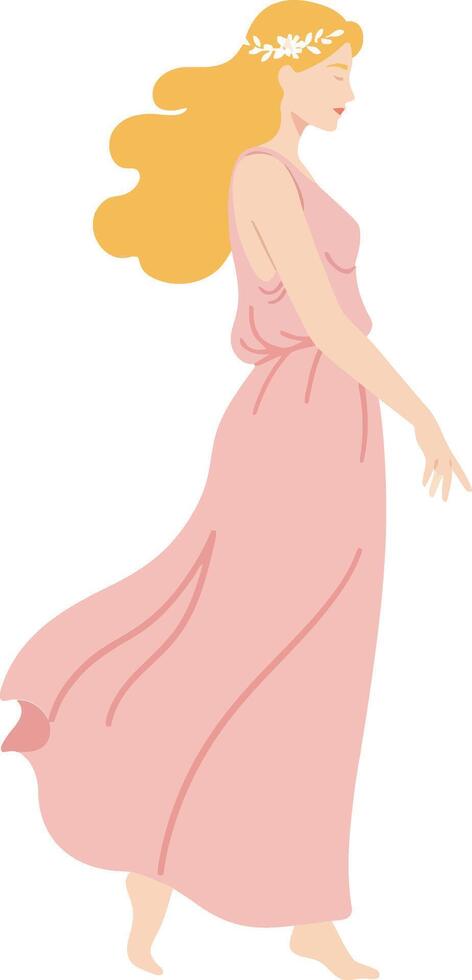 Graceful woman in a flowing pink dress walking gently through a serene setting in a flat illustration vector
