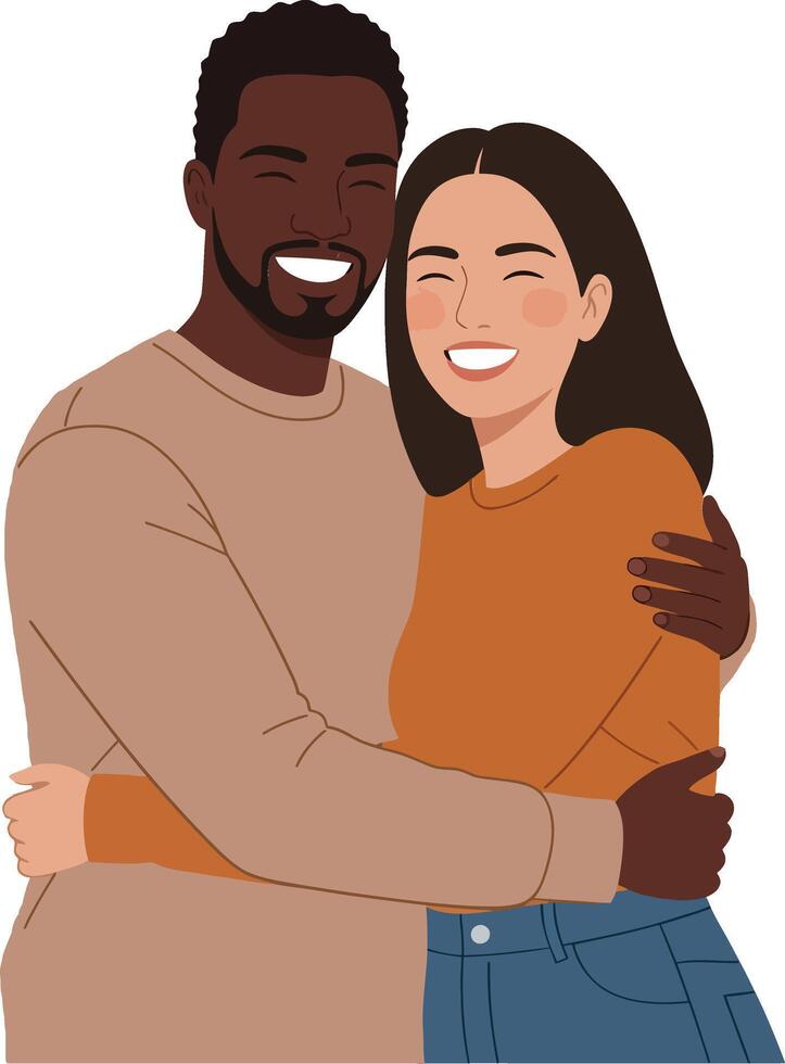 Happy couple embracing each other in warm clothing, showcasing love and joy in a minimal, flat design illustration vector