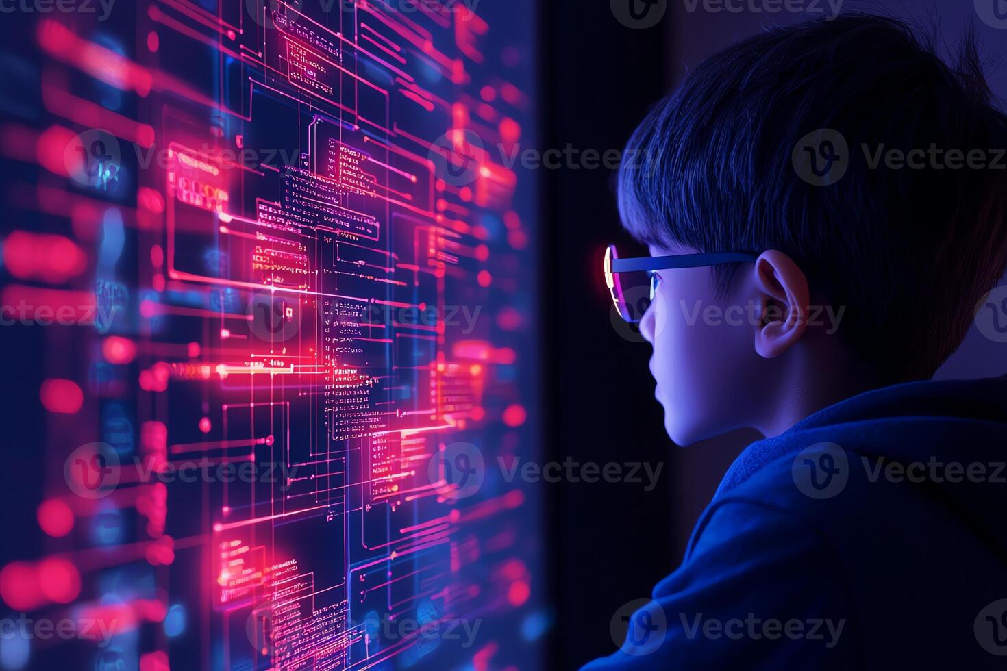 A young boy wearing glasses intently observes a futuristic display filled with vibrant red data visuals. This captivating scene exemplifies curiosity and the future of technology. photo