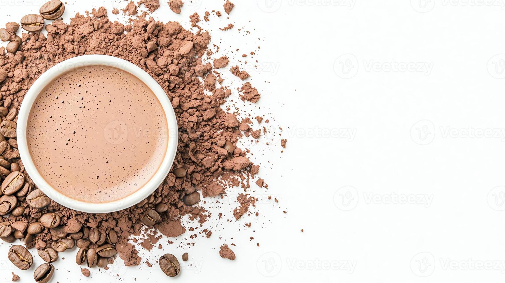 A rustic composition featuring a bowl of creamy chocolate drink surrounded by cocoa powder and coffee beans. Perfect for culinary themes, dessert recipes, or beverage concepts. photo