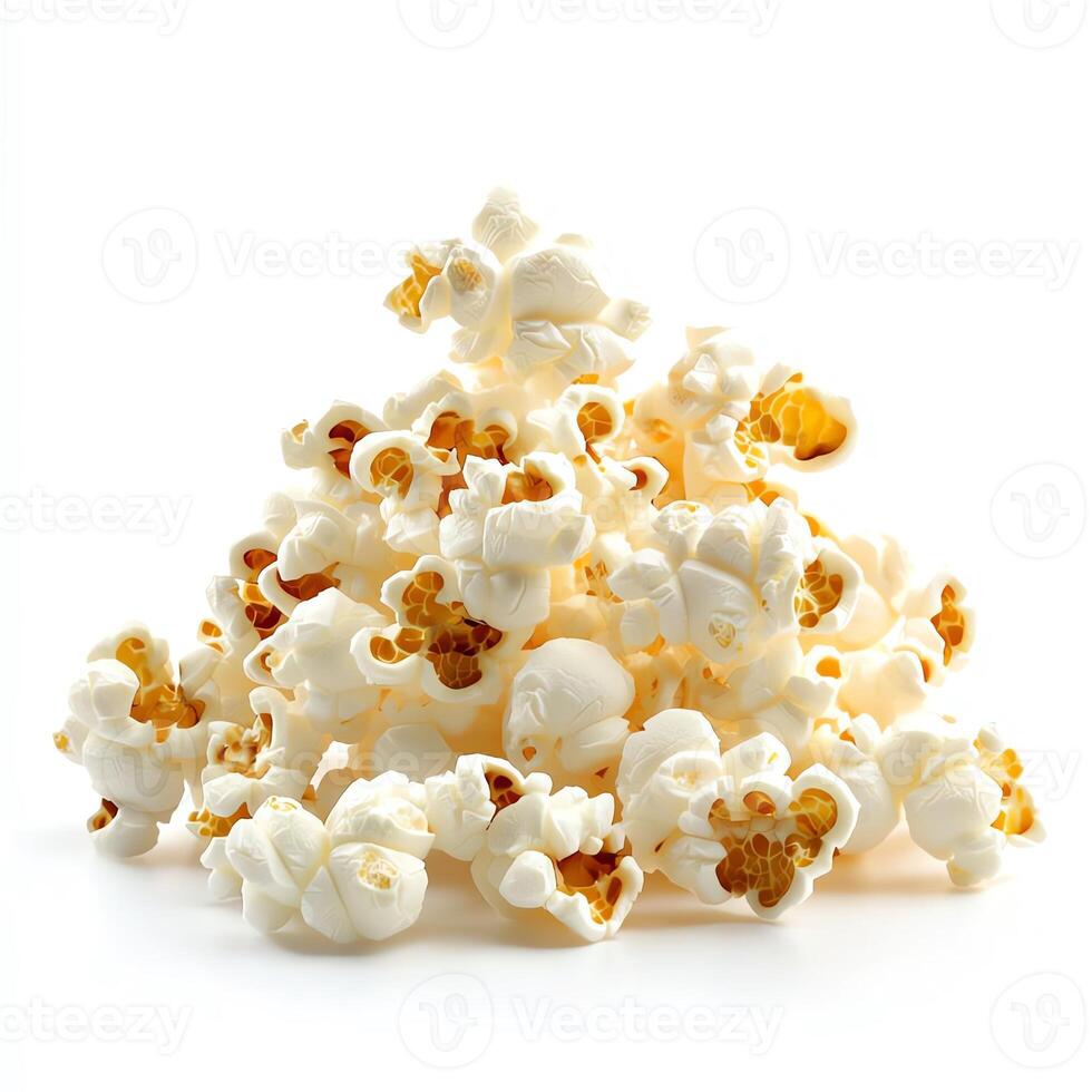 A heap of freshly popped popcorn on a white isolated background, showcasing its fluffy texture and golden kernels. photo