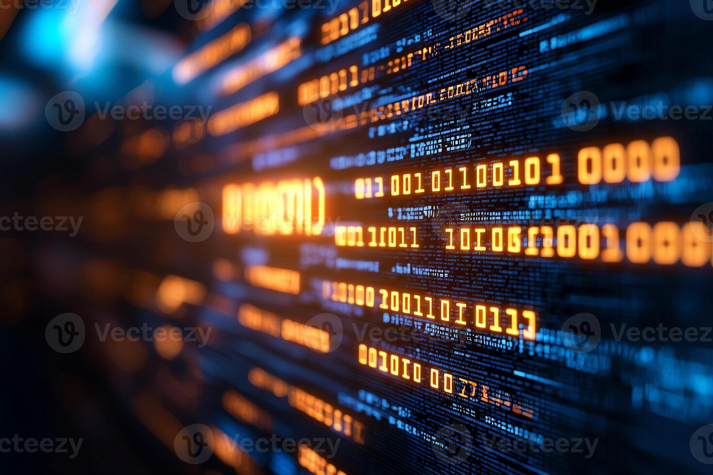A close-up view of glowing binary code, illustrating digital data processing and technology photo