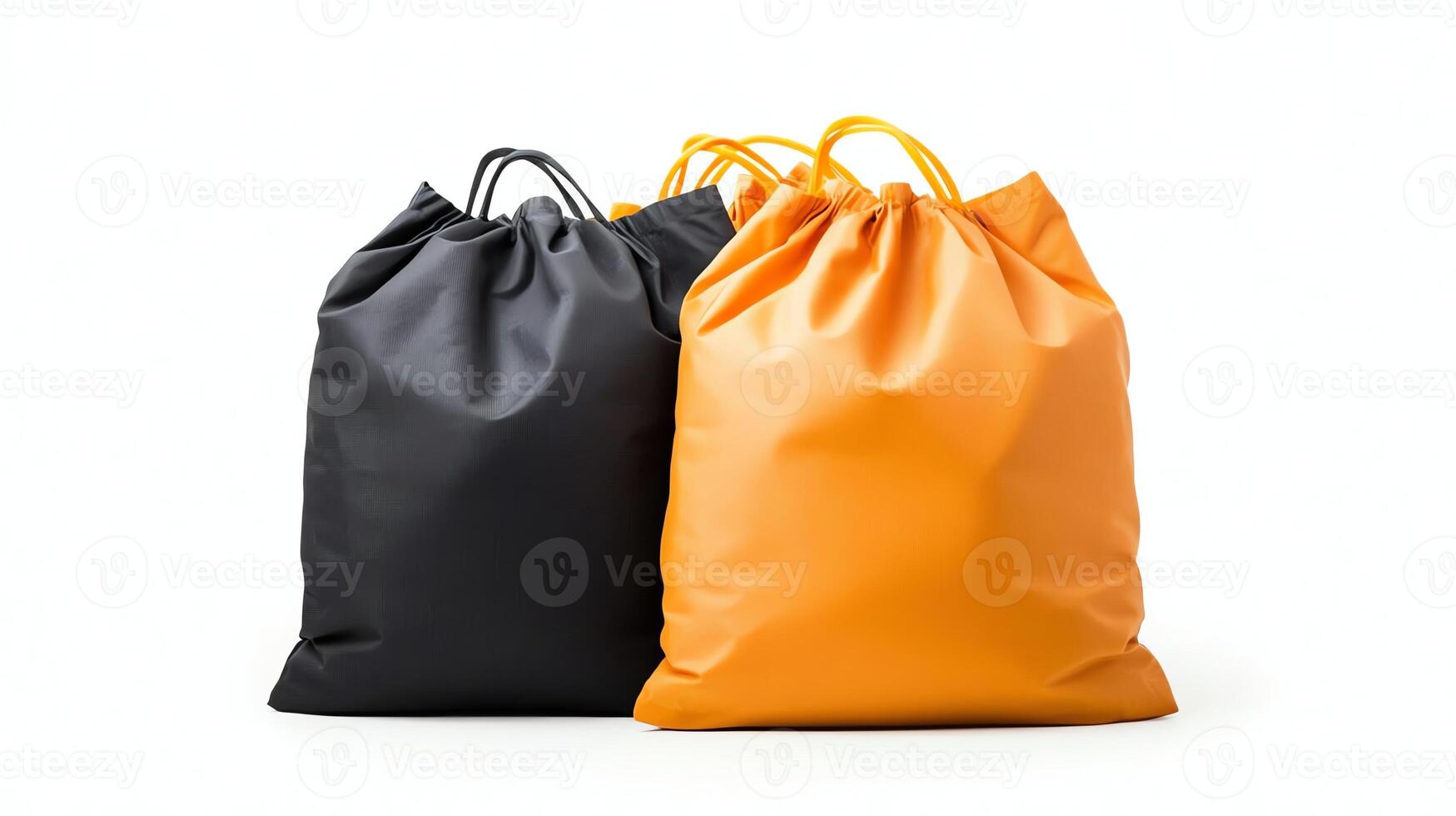 Vibrant contrast of a black and orange drawstring bag, perfect for carrying essentials. Ideal for everyday use, travel, or leisure activities, showcasing modern and stylish design. photo