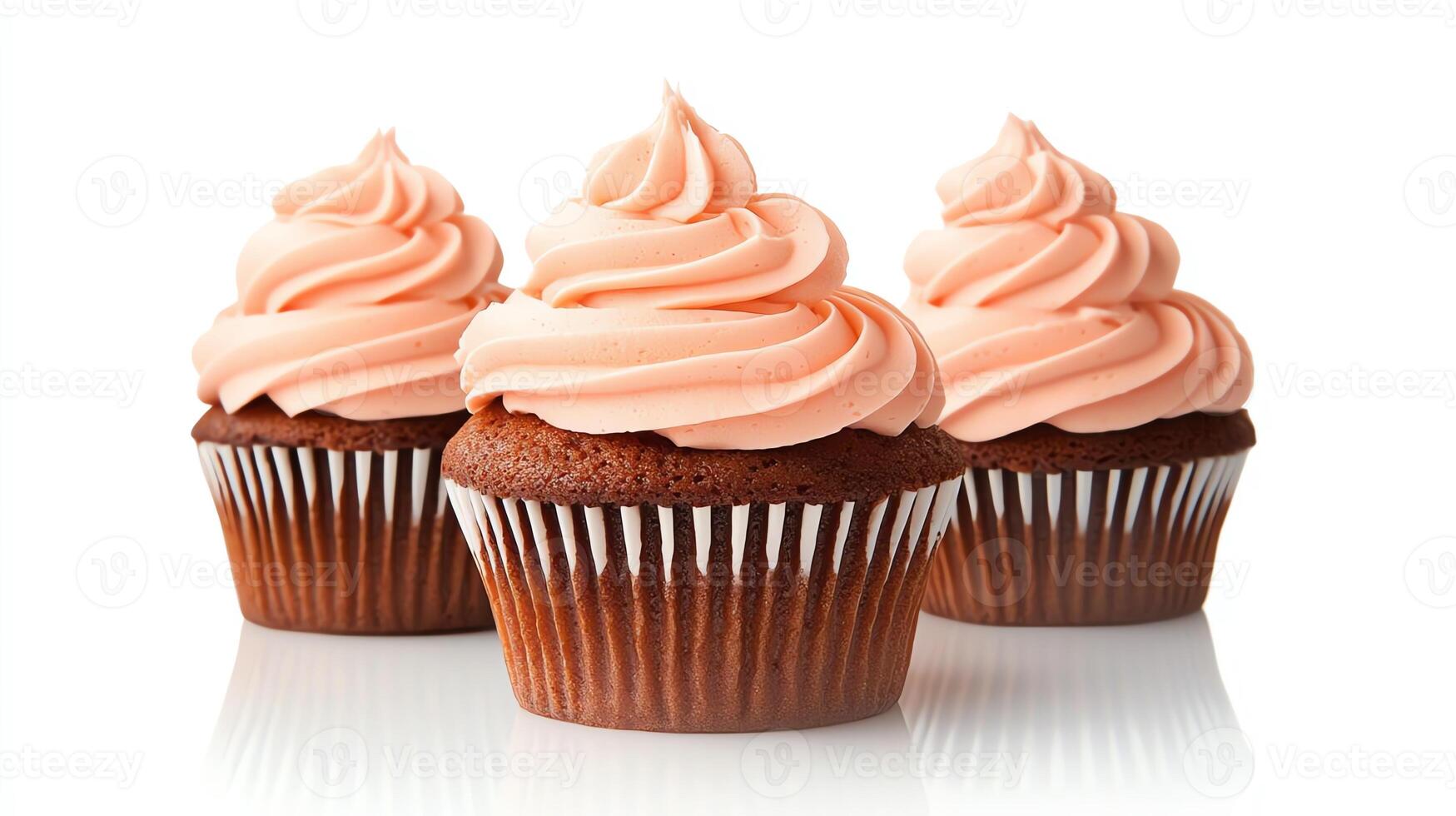 Three chocolate cupcakes with pink frosting on a white isolated background, showcasing delicious desserts perfect for celebrations and events. photo