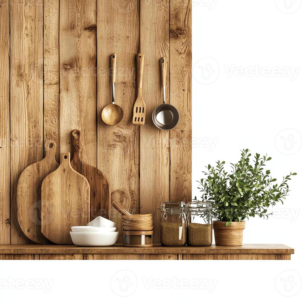 A minimalistic kitchen shelf displaying wooden utensils, serving boards, and a small potted herb, creating an inviting and rustic atmosphere perfect for cooking. photo