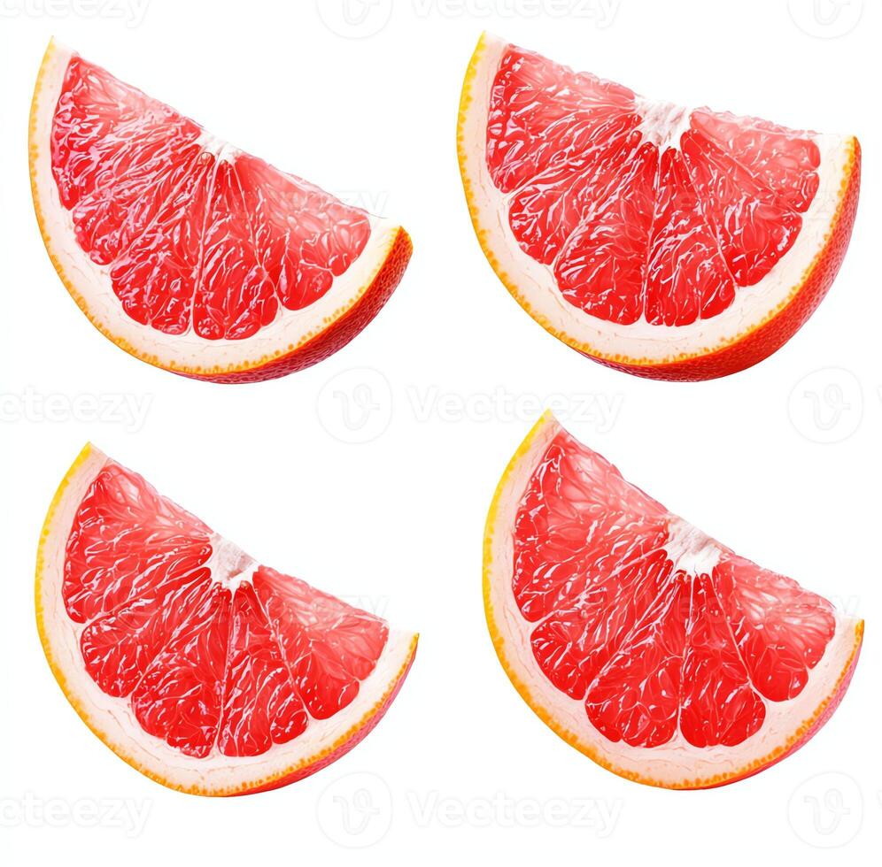 Four slices of vibrant pink grapefruit arranged in a clean and simple layout. The juicy segments highlight the fruit's refreshing nature, perfect for food photography lovers. photo