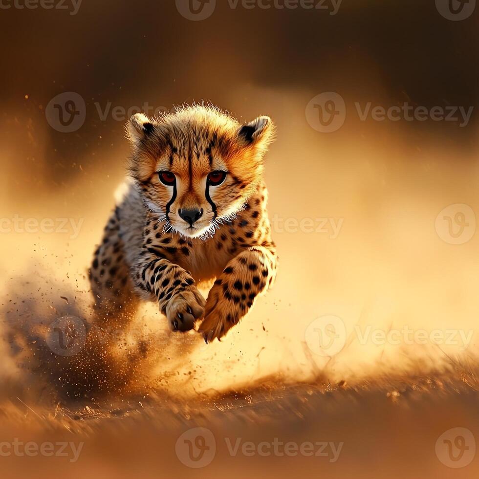 A playful cheetah cub sprints across the savannah, showcasing its agility and energy amidst a backdrop of golden grass. This adorable scene captures the spirit of wildlife. photo