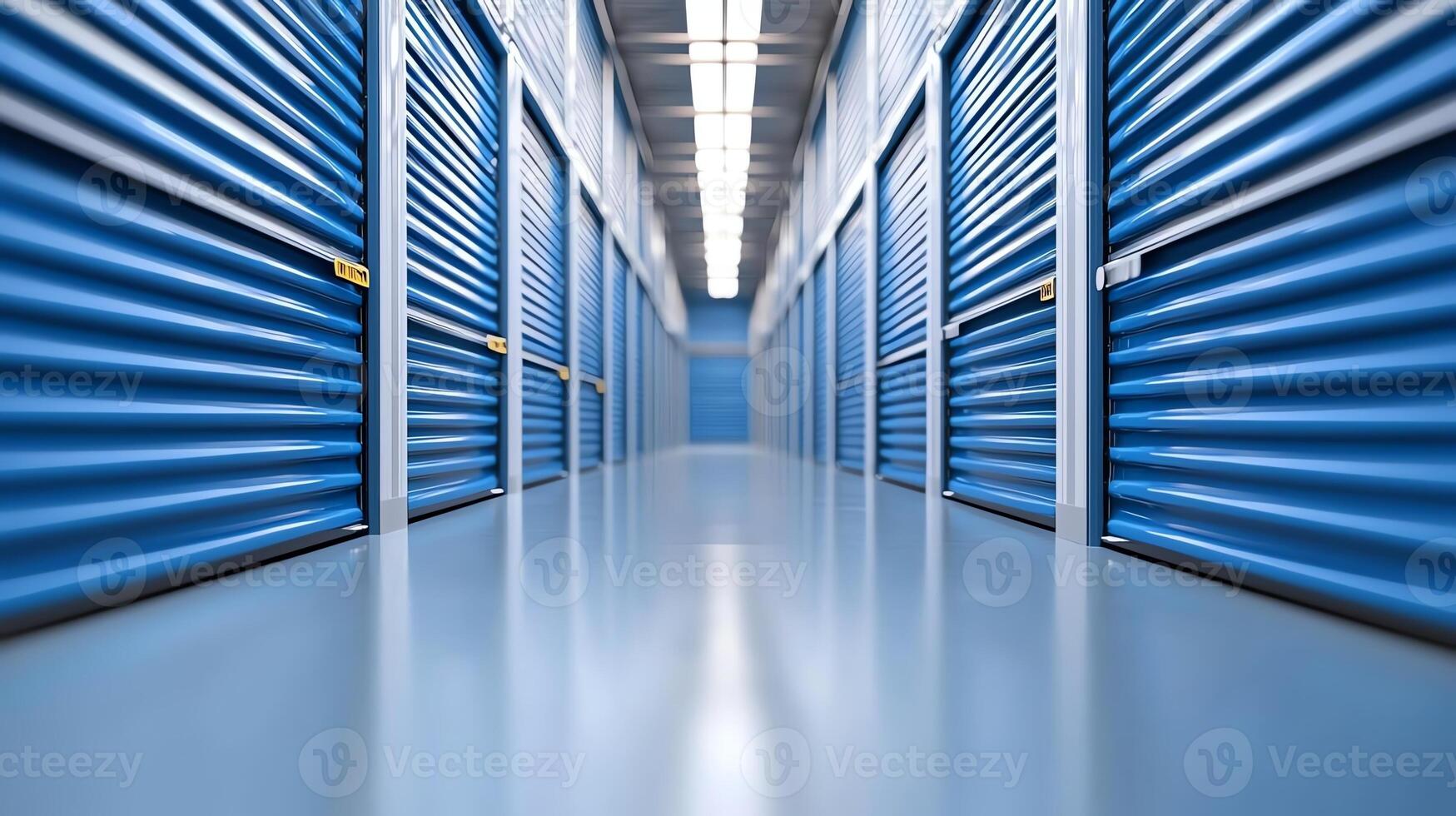 A modern storage facility hallway with blue metal storage units lining both sides photo