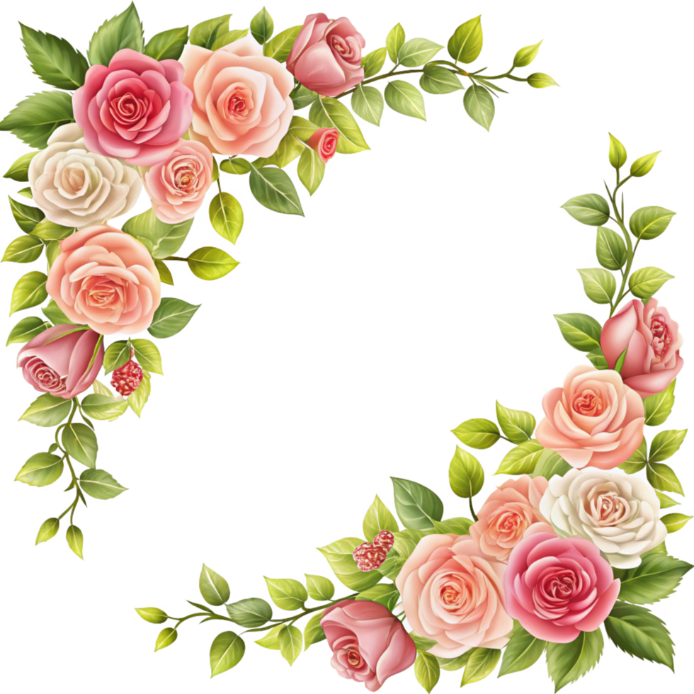 Pink Roses floral Corner Frame isolated on transparent background png
