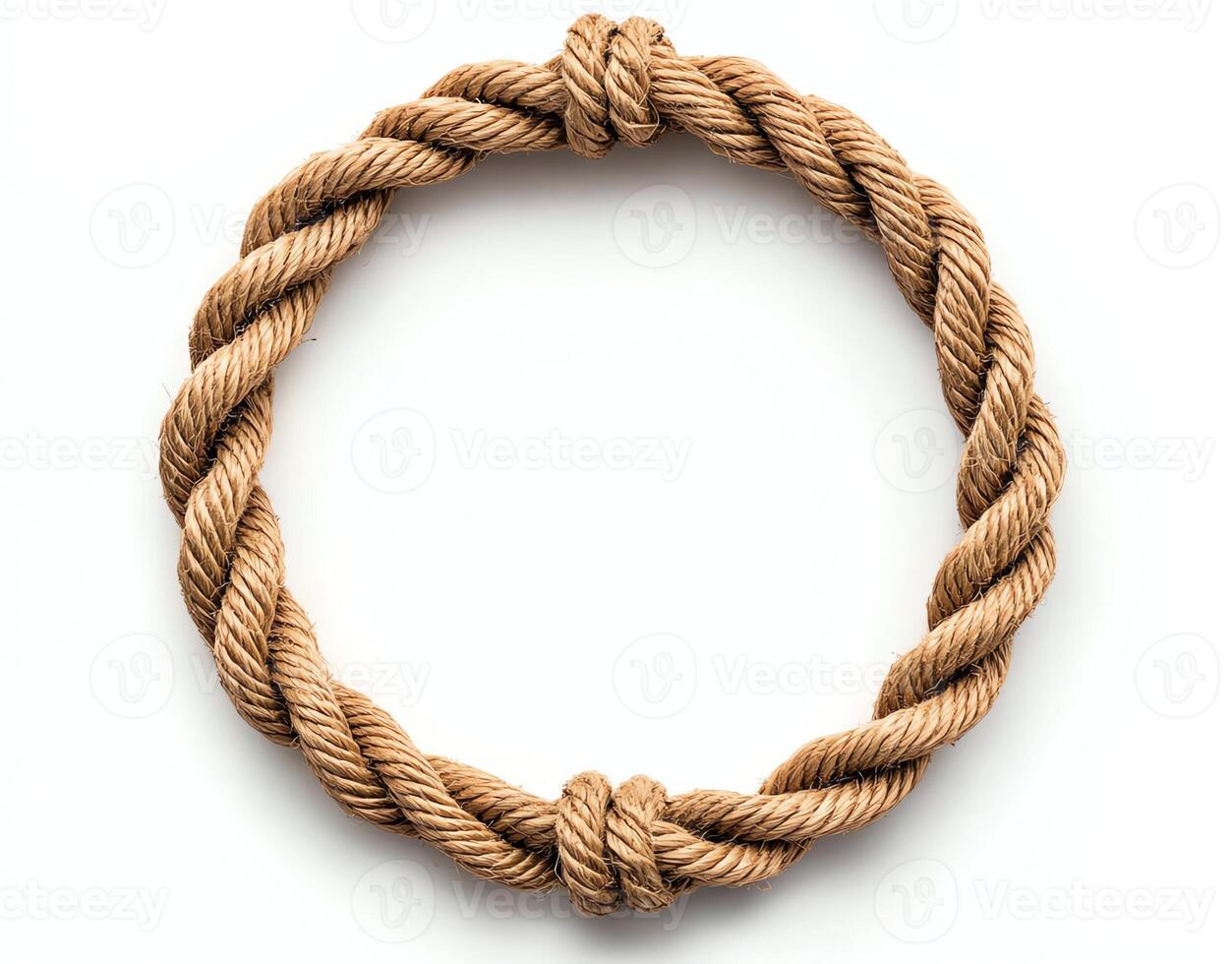 A close-up view of a natural twine rope tied in a circle, showcasing its texture and intricate knot design. Perfect for use in creative projects, backgrounds, or graphic designs. photo