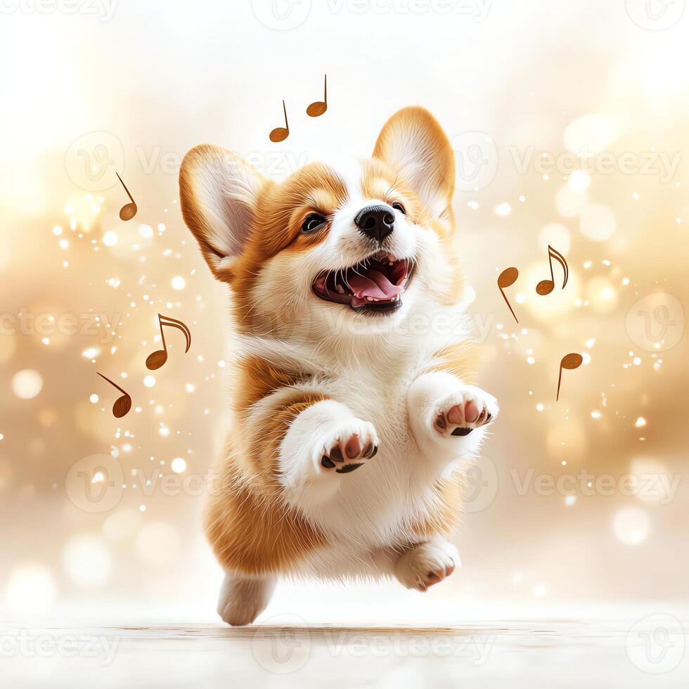 A joyful Corgi puppy dances in a light-filled atmosphere, surrounded by musical notes and sparkles. This playful scene captures the essence of happiness and energy in pets. photo