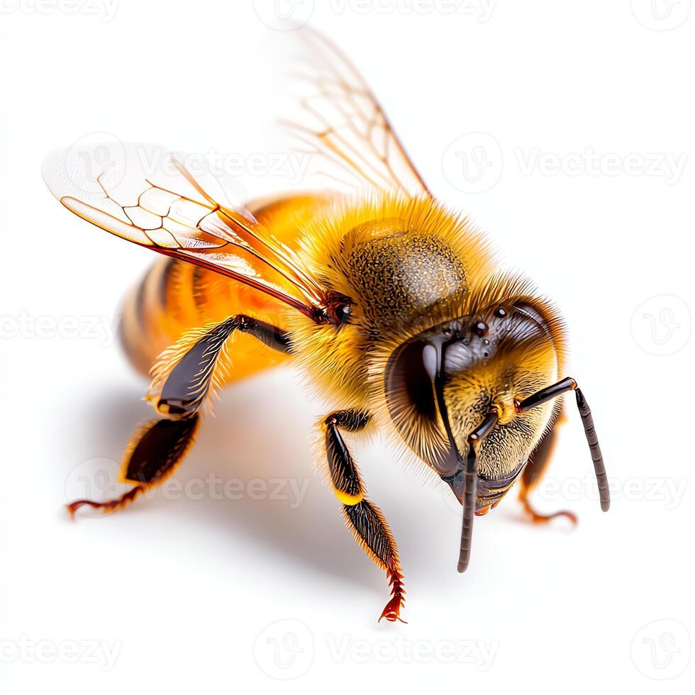 Close-up view of a bee showcasing its detailed features, vibrant colors, and intricate wings. This image emphasizes the importance of bees in nature and ecosystems. photo