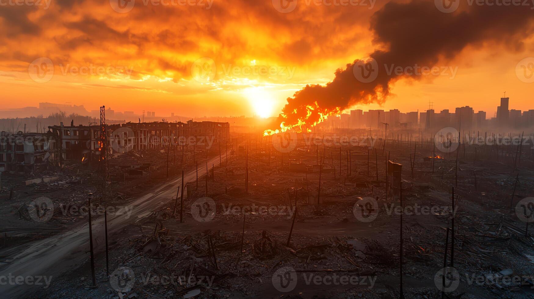 A dramatic sunset casts a fiery glow over a devastated landscape, with smoke billowing into the sky photo