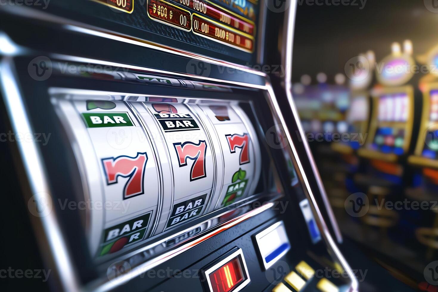A close-up view of a classic slot machine with spinning reels showcasing bright symbols. The allure of gaming and chance in a vibrant casino atmosphere. photo