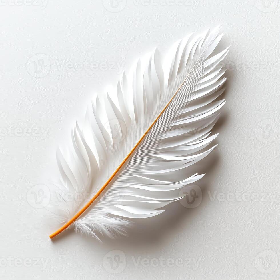 A close-up view of a delicate white feather with soft, wispy edges and a slender orange stem, set against a clean background, symbolizing purity and nature's beauty. photo