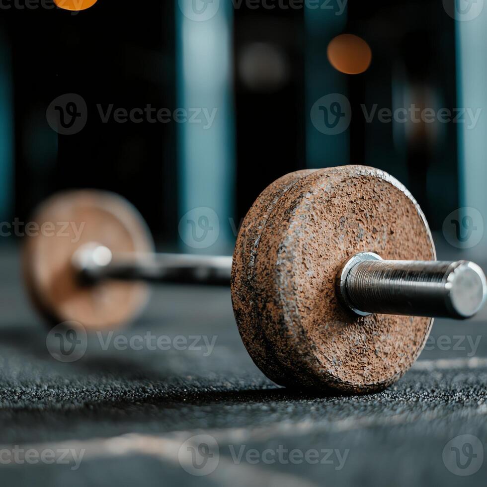 A close-up shot of a rusted dumbbell resting on a gym floor. The image captures the essence of weightlifting and fitness, perfect for sports and exercise enthusiasts. photo