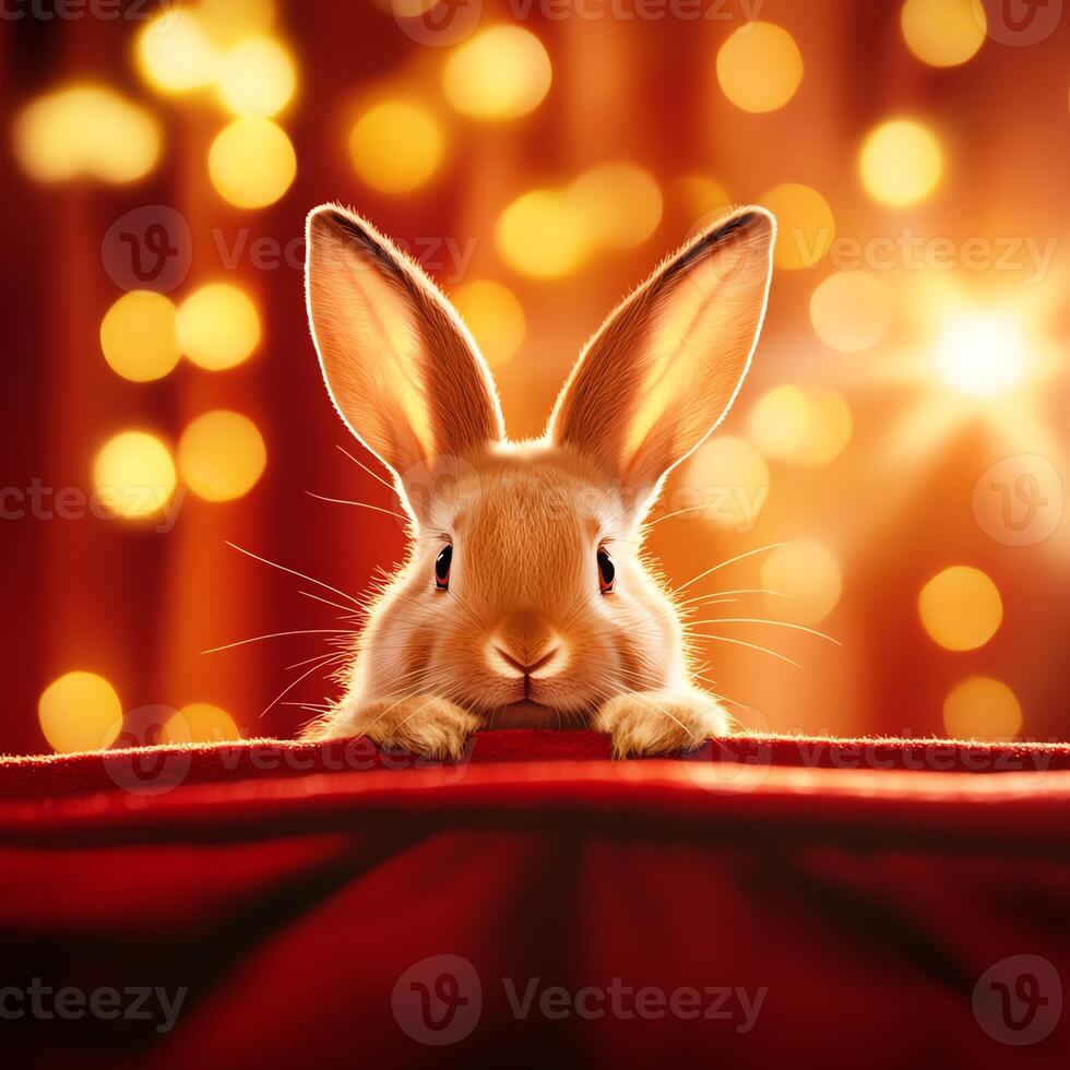 A cute rabbit sits poised on a red table with a soft, warm glow of golden bokeh in the background, creating a charming and inviting atmosphere for animal lovers and festive occasio photo