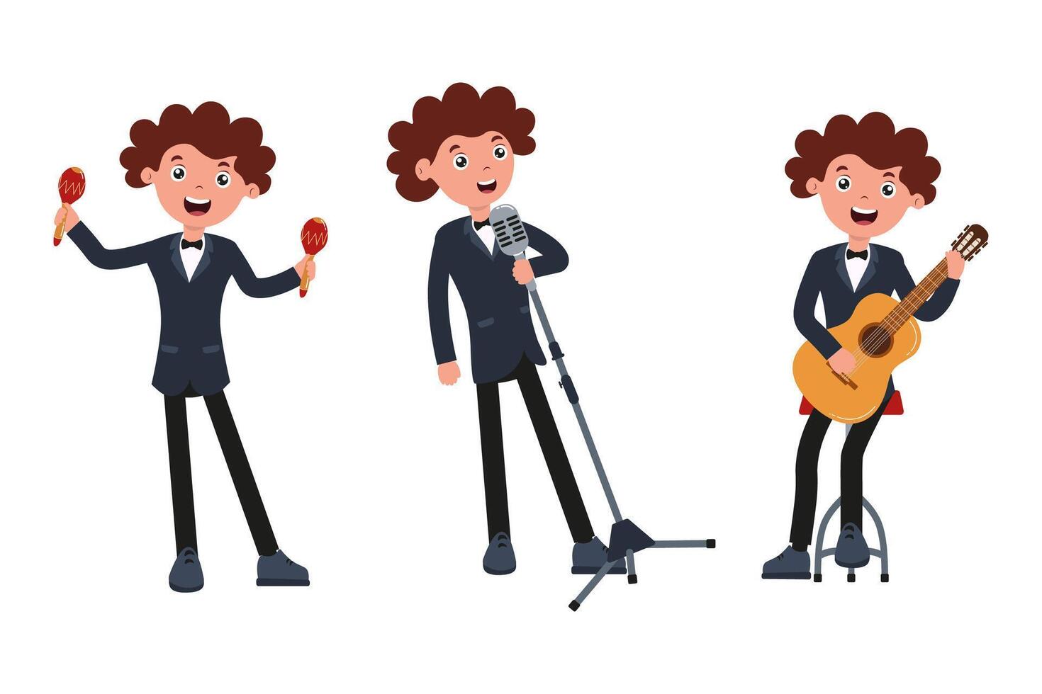 Young musician performing with maracas, microphone, and guitar at a music event vector