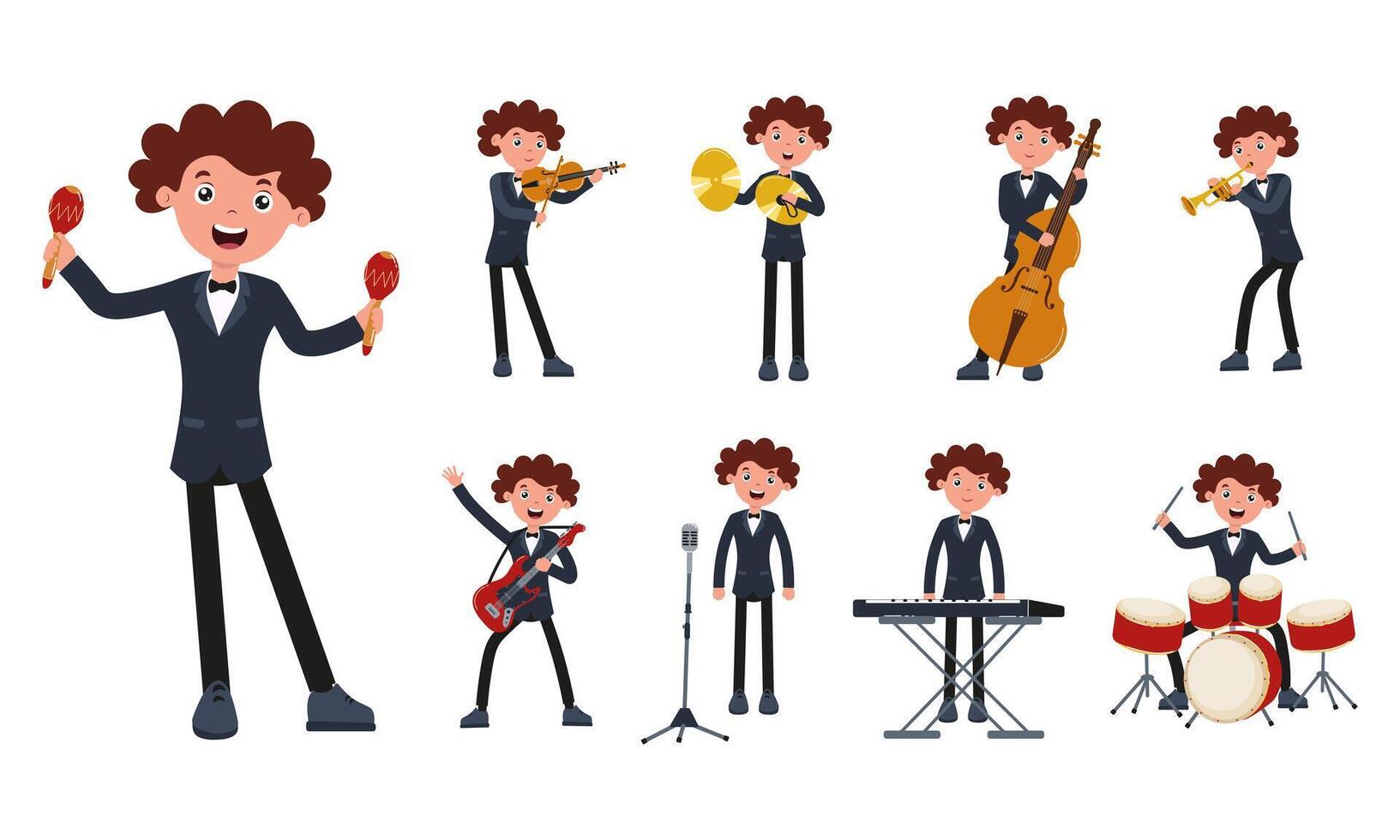 Young musician performing various instruments in a vibrant cartoon illustration vector