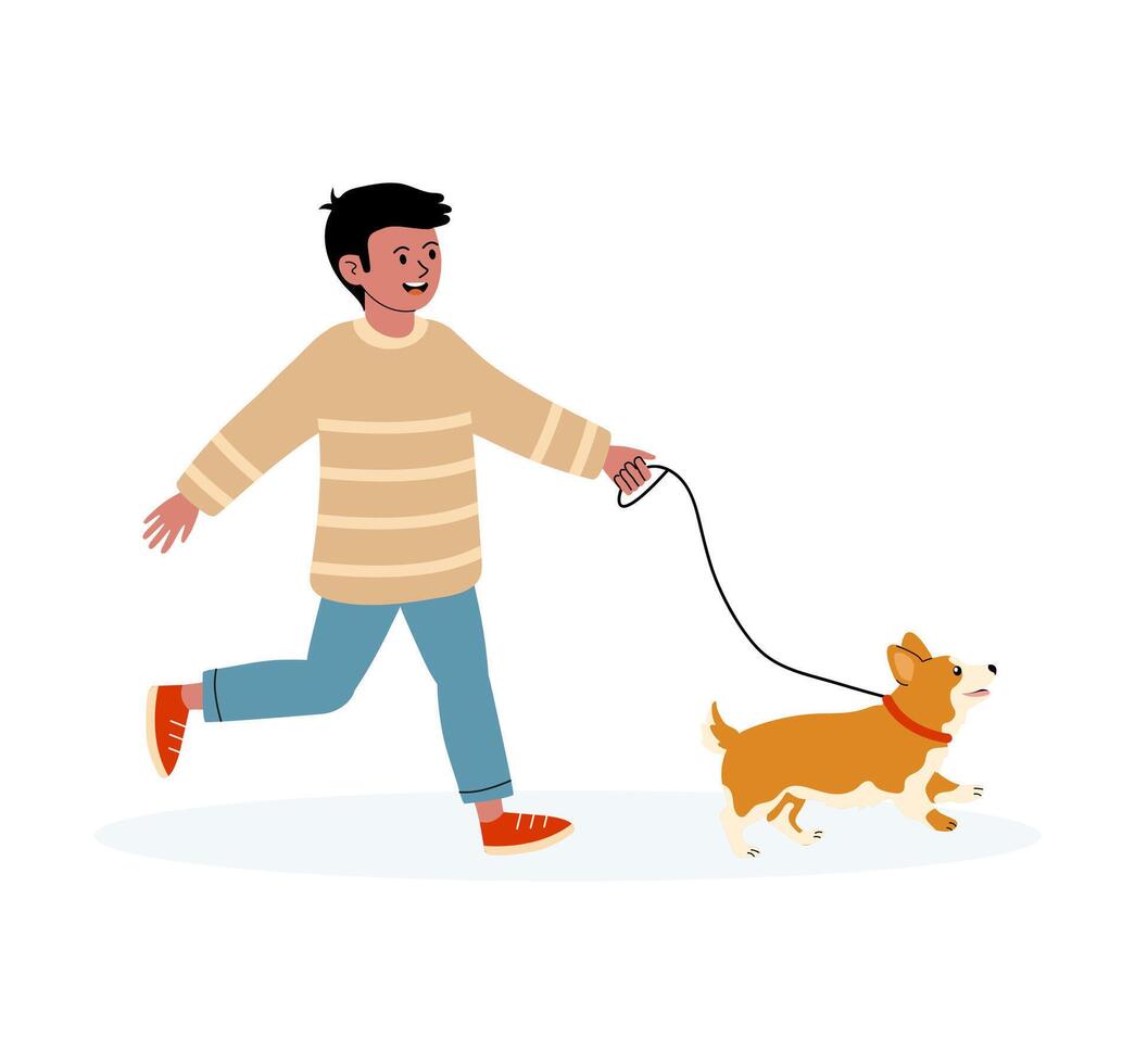 Young boy happily walks his corgi on a sunny day in a park setting vector