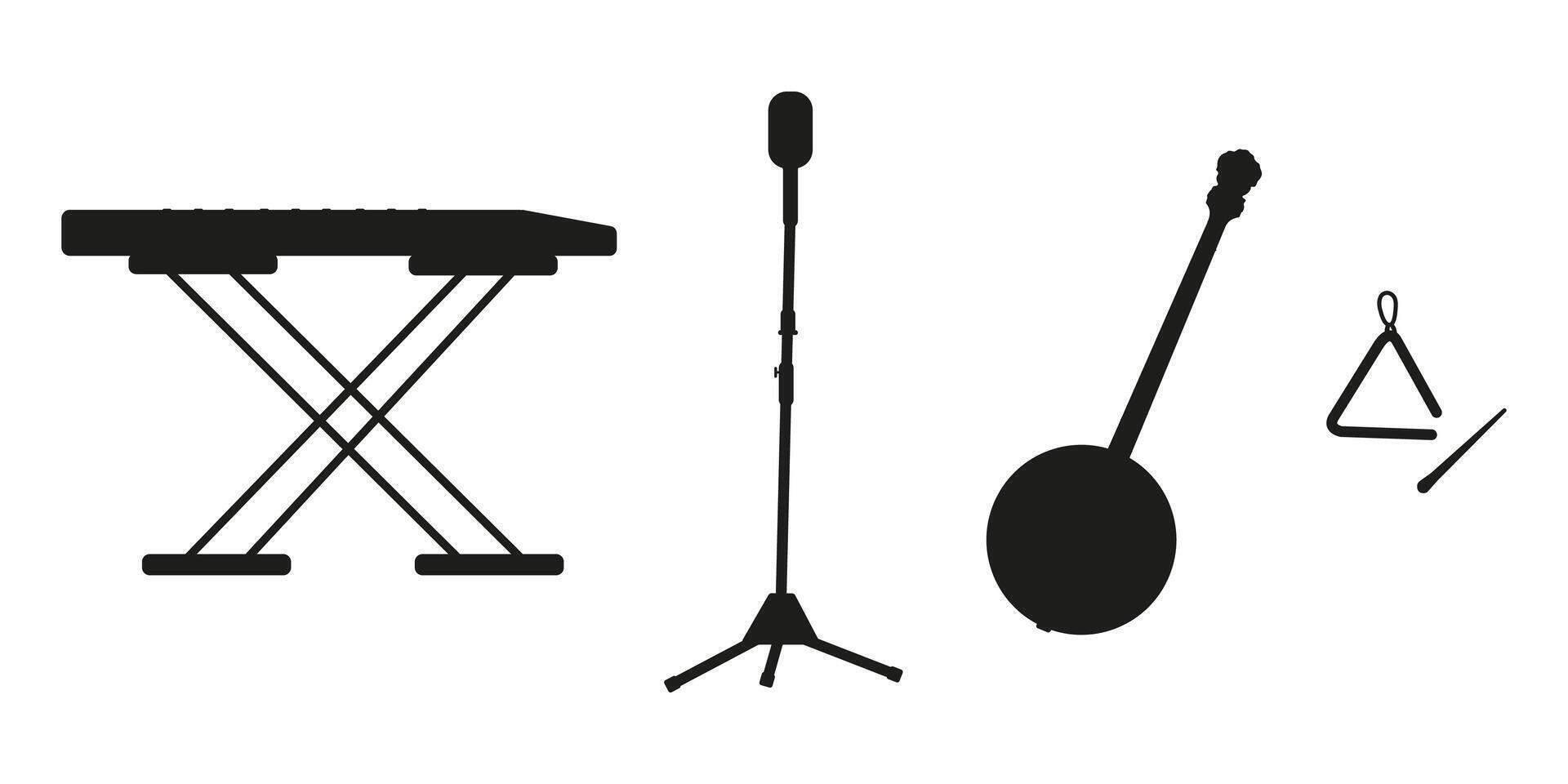 Musical instruments arranged in a creative display featuring a keyboard, microphone, and more vector