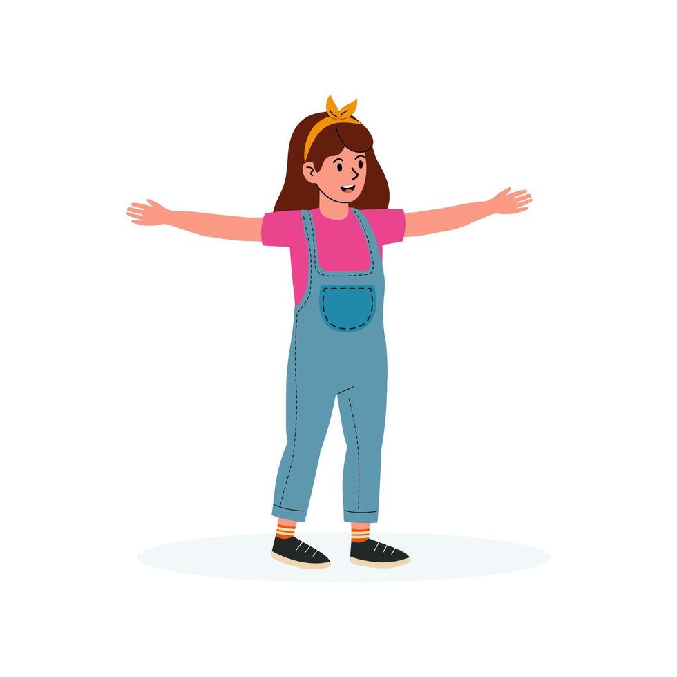 Happy girl in overalls spreading her arms in a joyful pose in a bright environment vector