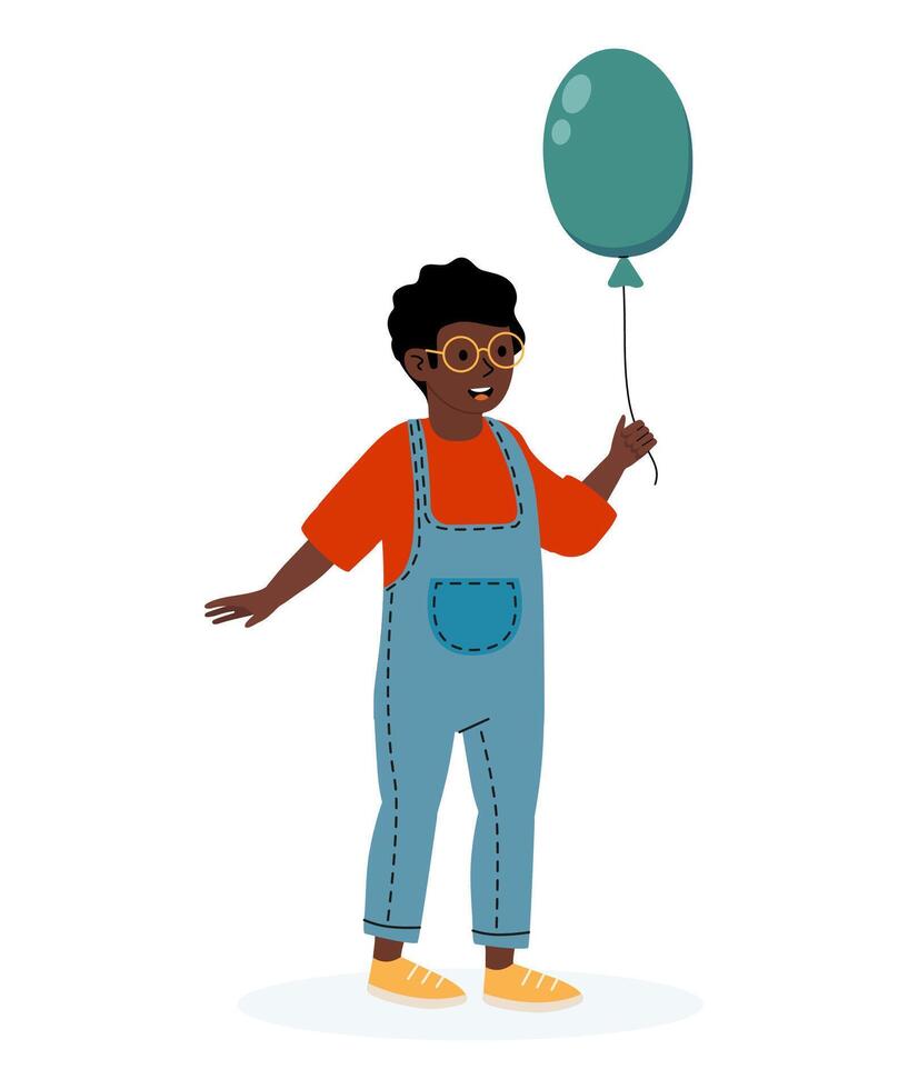 Joyful child holding a balloon while wearing colorful overalls and glasses vector