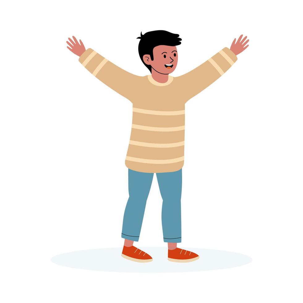 Cheerful child with outstretched arms expressing joy in playful attire vector