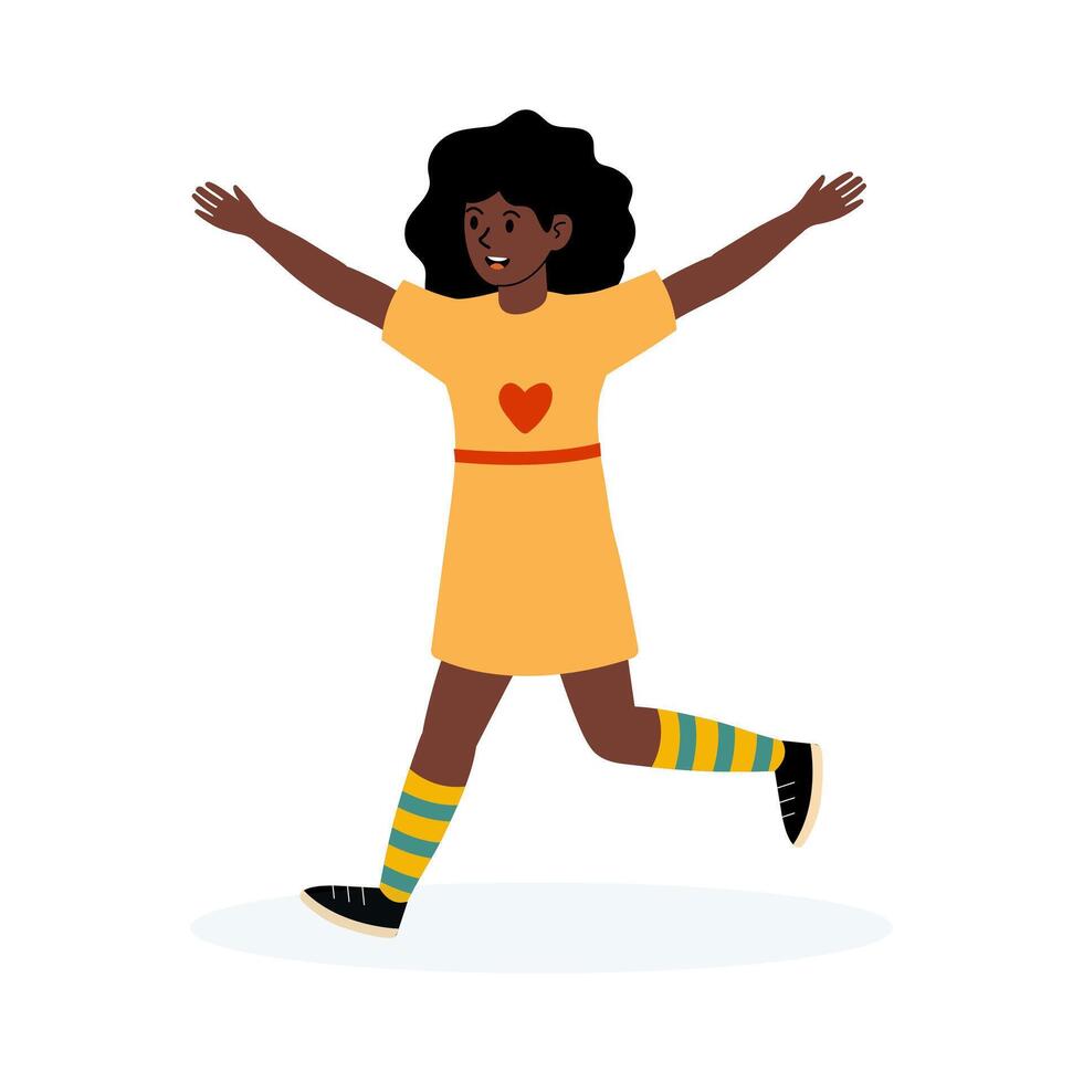 Girl in a yellow dress joyfully running with arms open in a playful manner vector