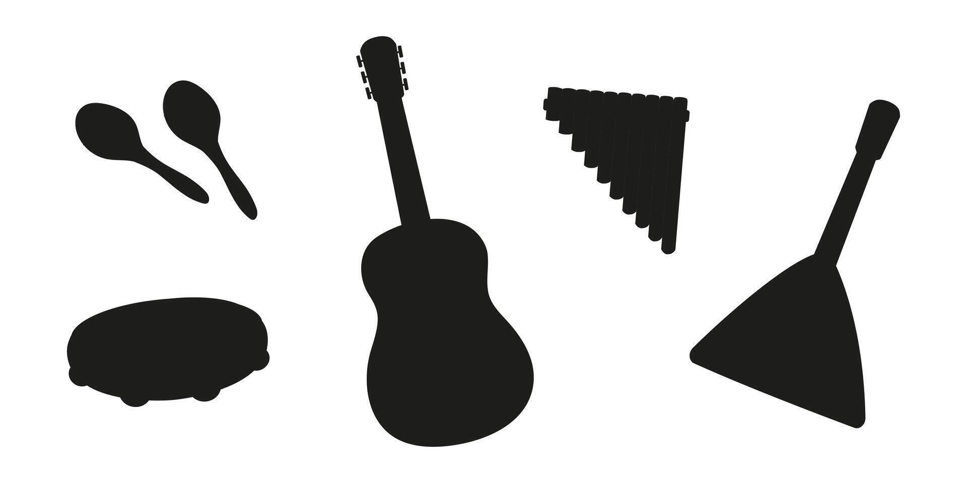 Musical instruments silhouette display featuring various percussion and string items vector