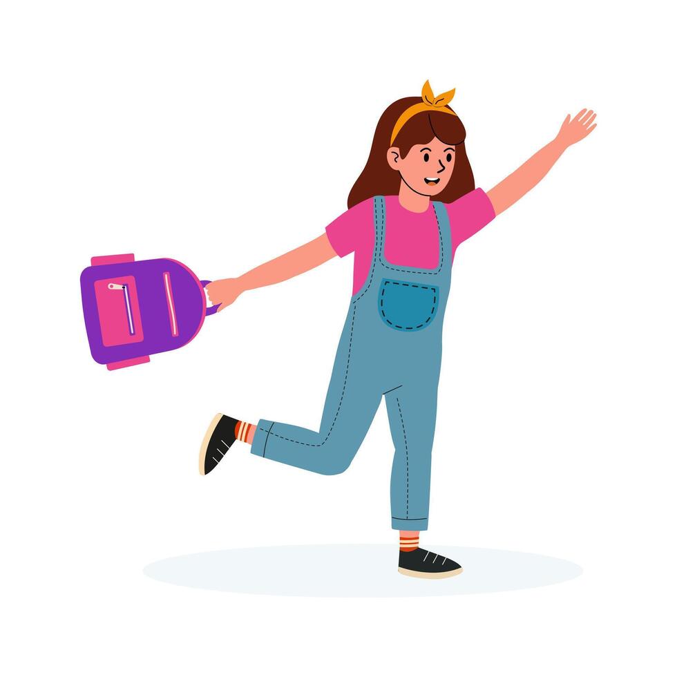 Young girl happily walking with a backpack in a cheerful and playful manner vector