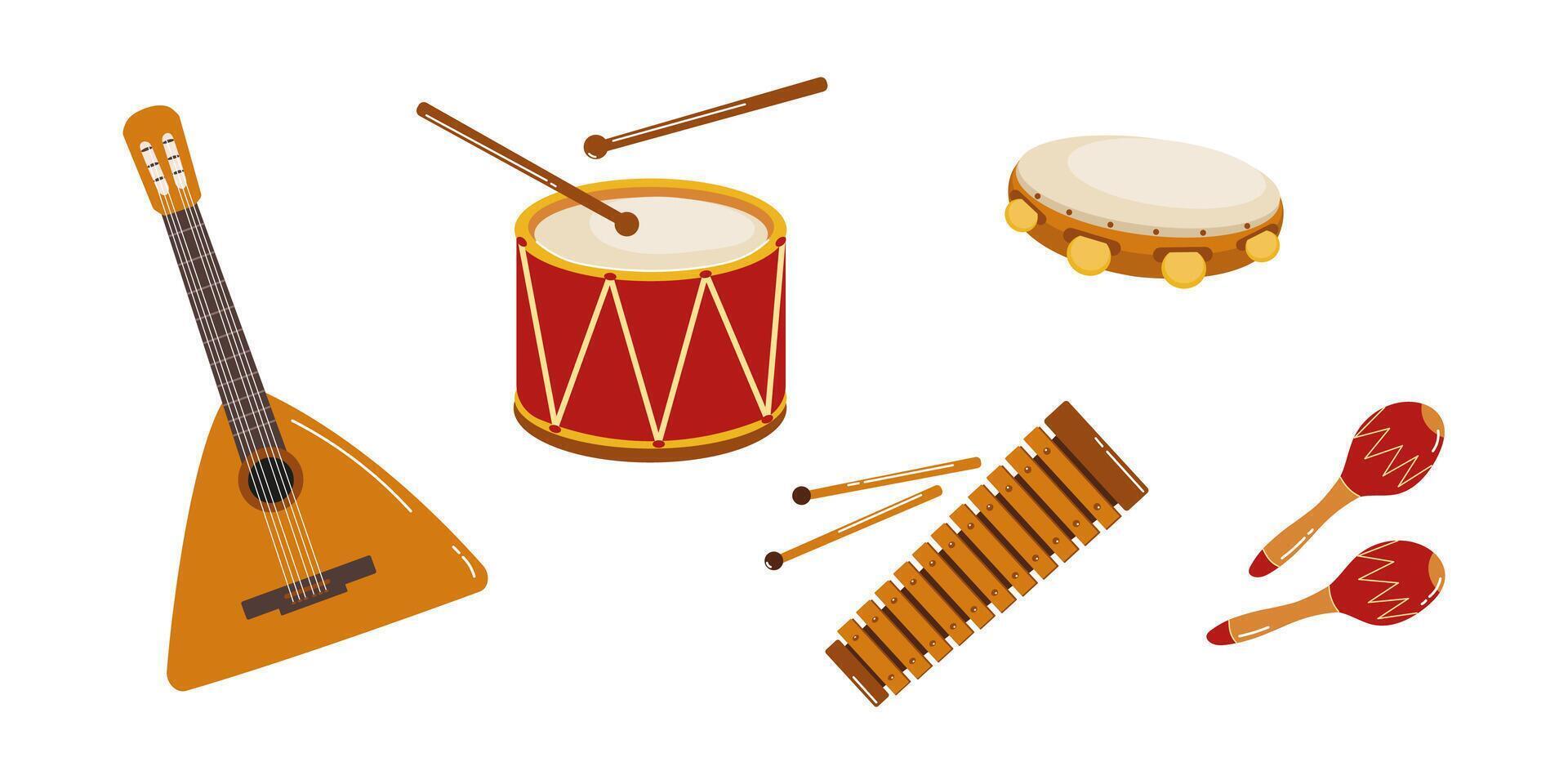 Musical instruments including guitar, drums, tambourine, and xylophone arranged creatively vector