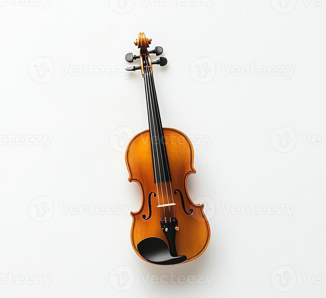 An elegant wooden violin showcasing its beautiful design and craftsmanship against a clean, minimalistic background. Perfect for music enthusiasts and artists alike. photo