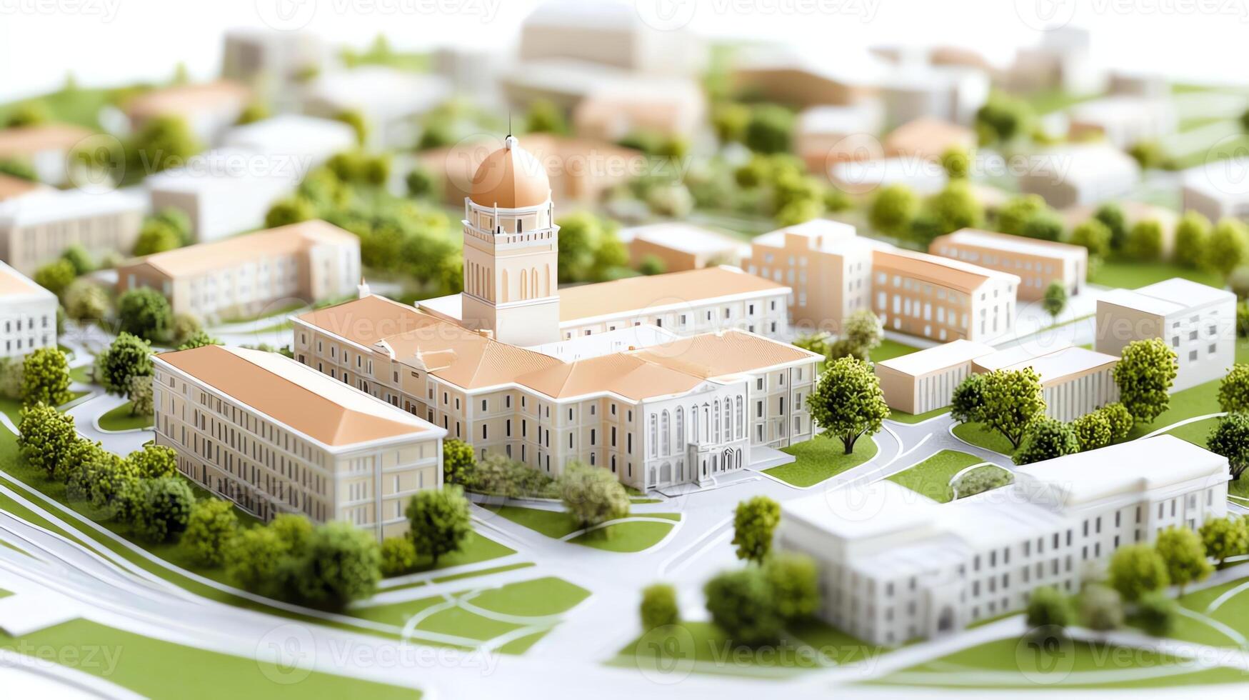 A detailed architectural model showcasing a campus layout, featuring various buildings, roads, and greenery, perfect for presentations or educational purposes in urban planning. photo
