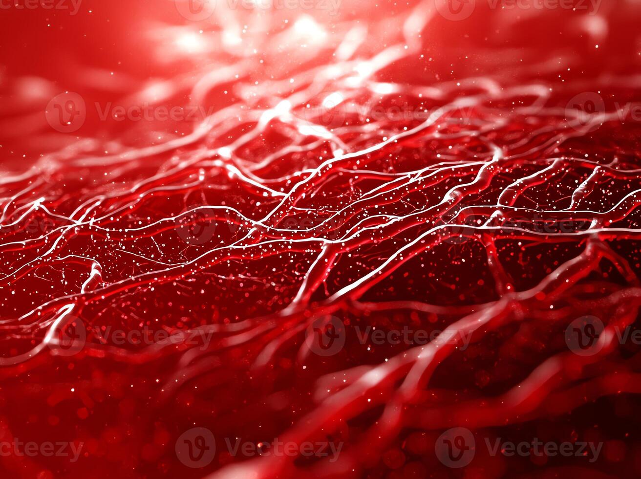 A close-up view of intricate red veins, showcasing dynamic textures and subtle details. This image represents the complexity of biological structures in a vibrant manner. photo