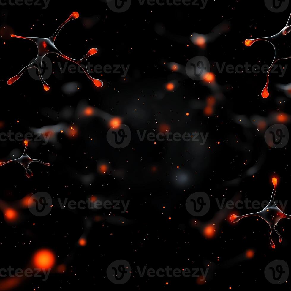Abstract representation of molecular structures in a dark environment, featuring glowing red and orange elements that symbolize energy, connection, and the essence of life. photo