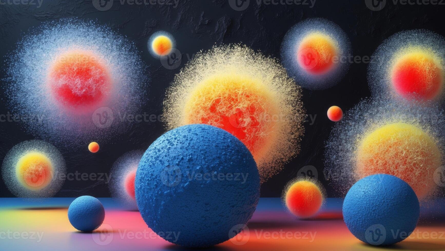 A group of colorful spheres are scattered on a surface photo