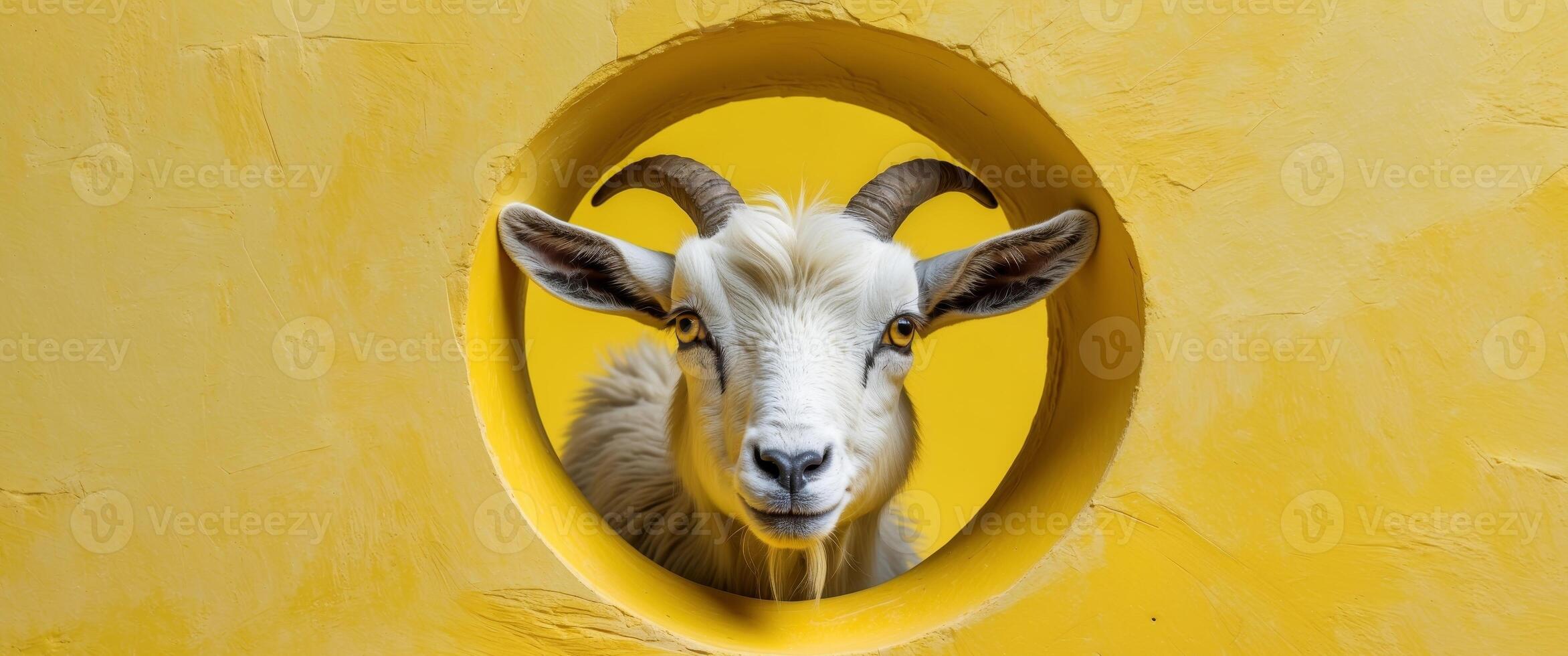 A goat is looking through a hole in a wall photo