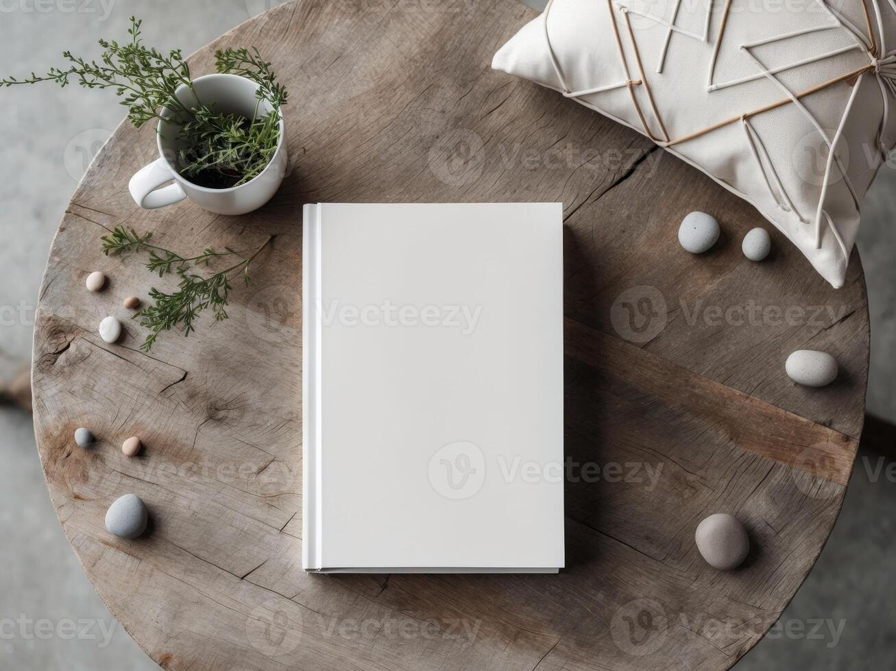 Blank white book cover mockup with a coffee cup vase and home decor on a table Template. photo
