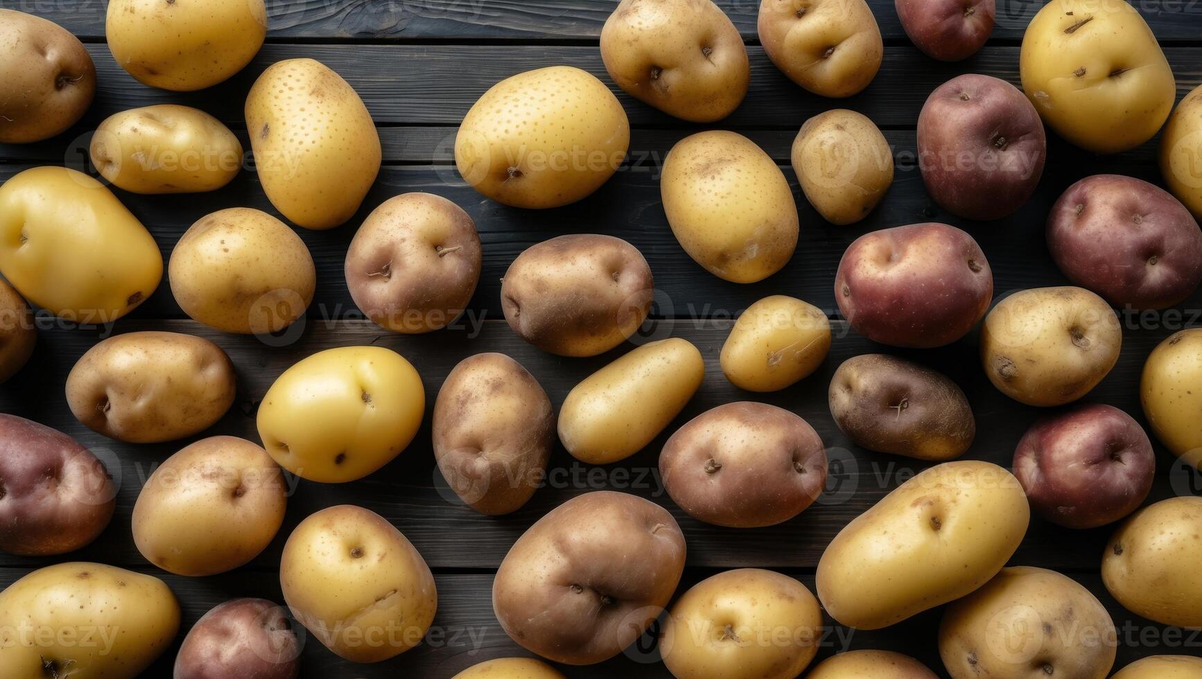 Fresh raw potatoes in various shades of yellow and brown scattered on a dark wooden surface viewed from above with ample empty space for text. photo