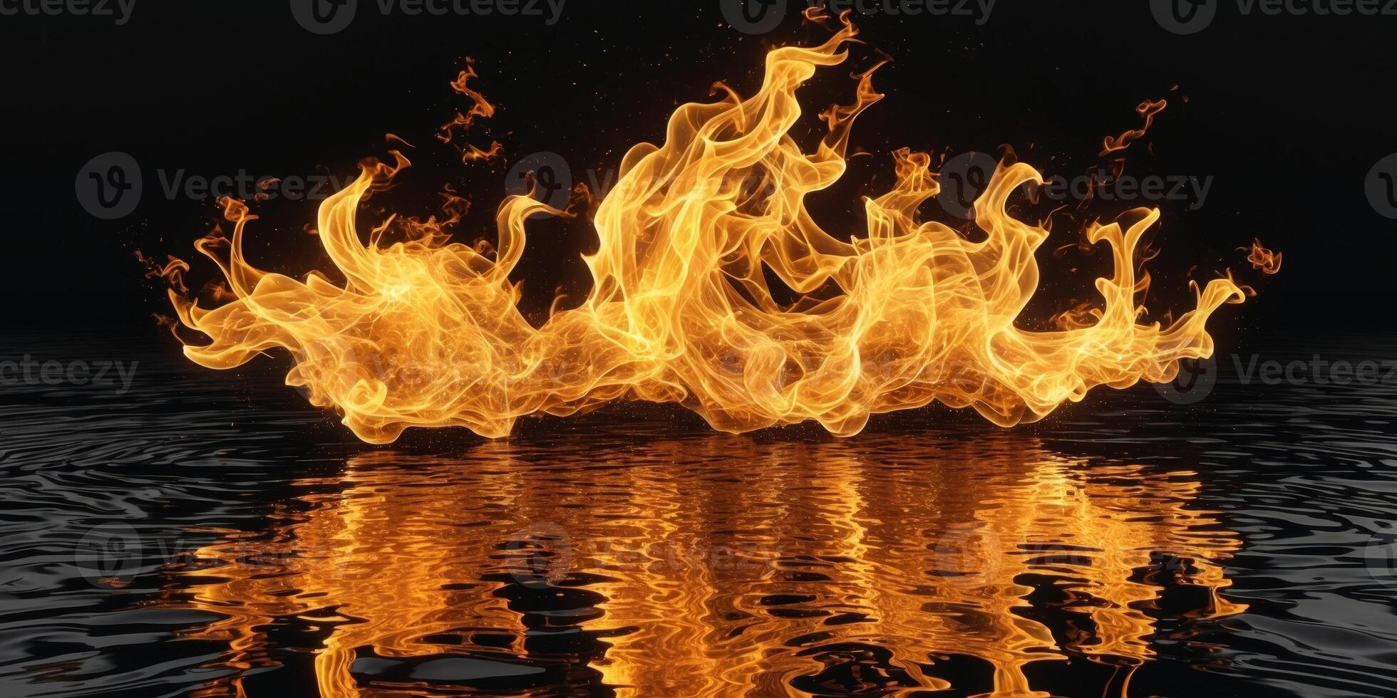 Flames dancing above a reflective surface creating an intense visual display of light and heat. photo