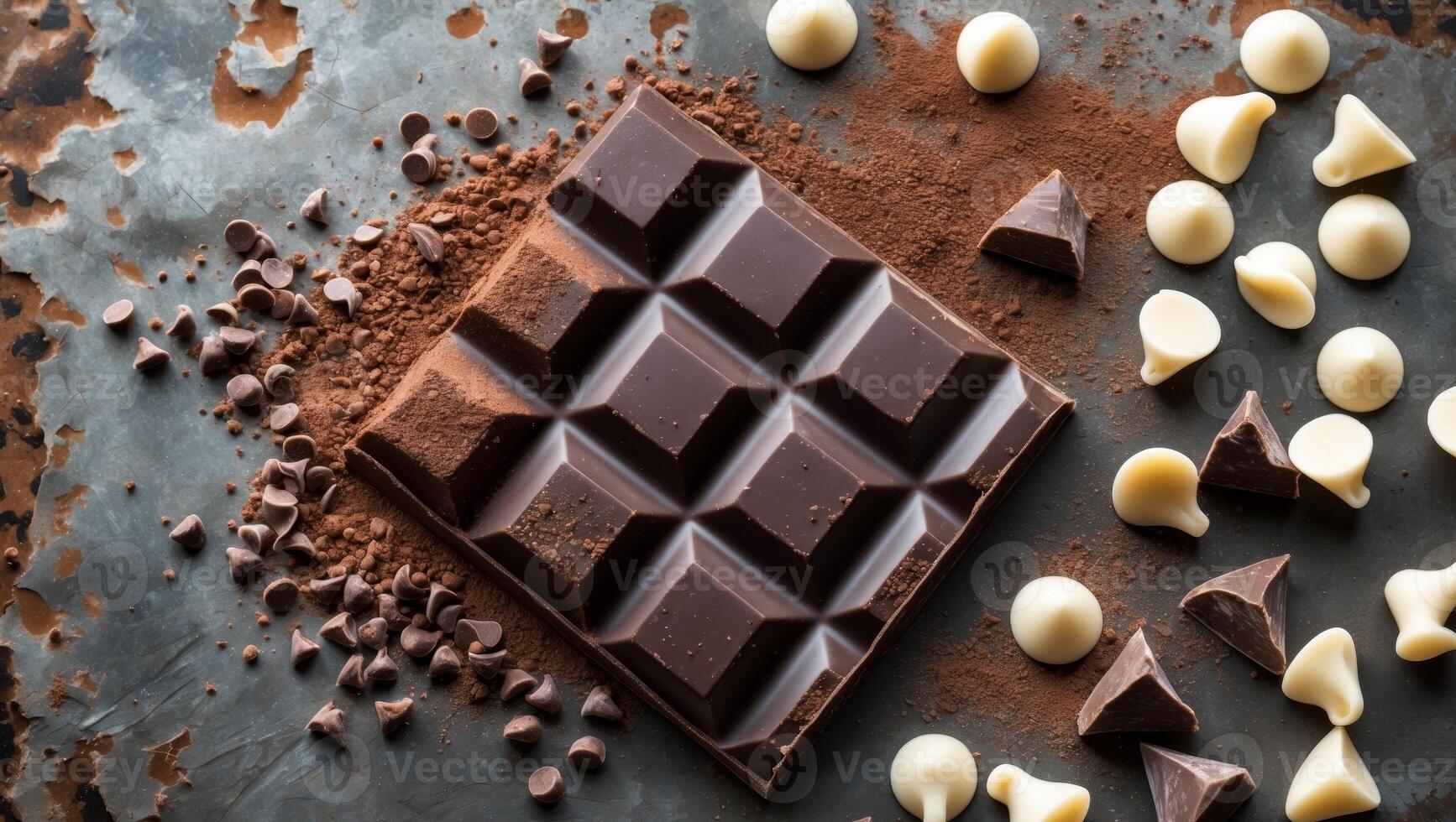 Delicious dark chocolate bar with cocoa powder and chocolate chips on rustic metal background. photo