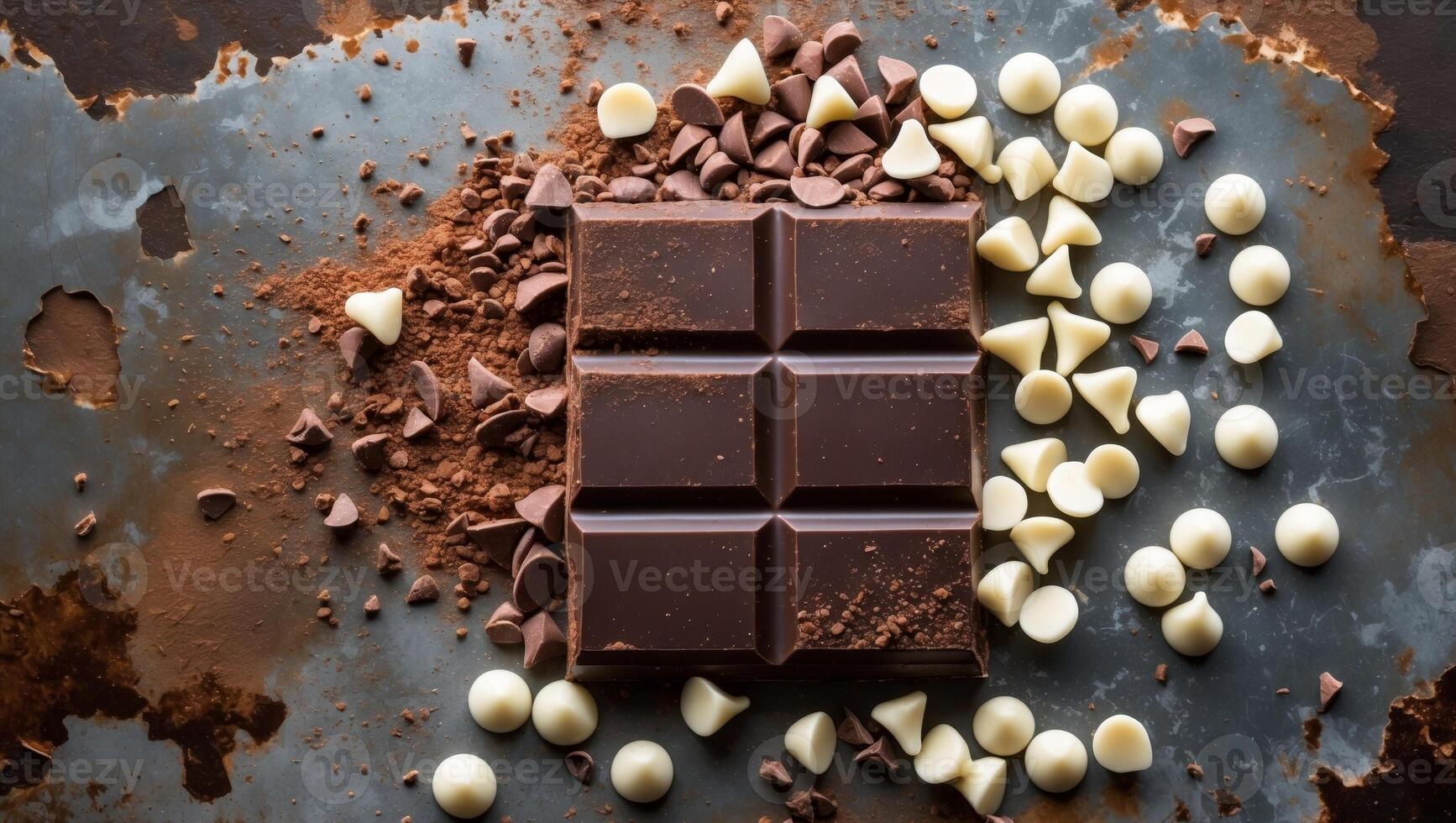 Delicious dark chocolate bar with cocoa powder and chocolate chips on rustic metal background photo