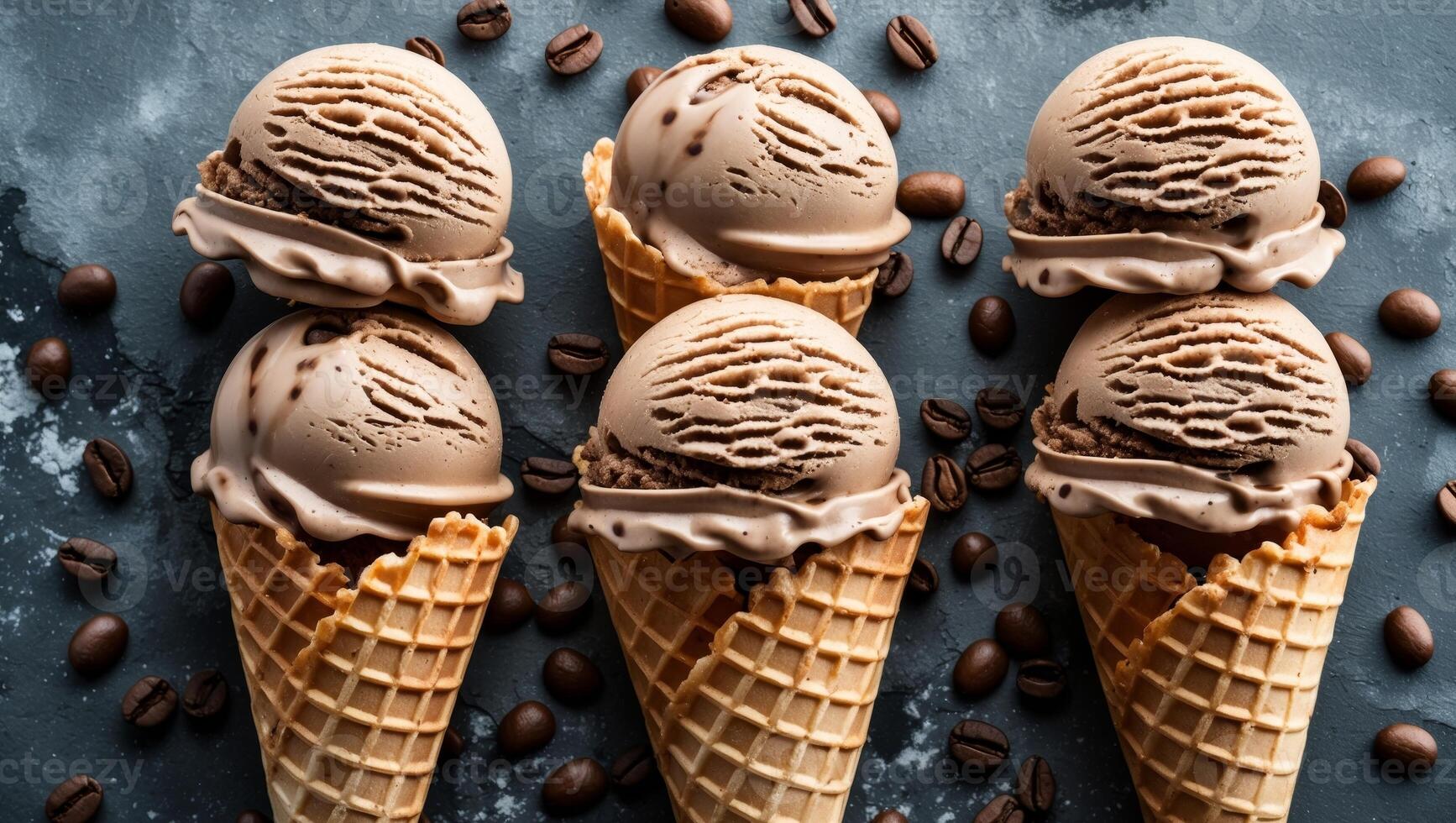 Chocolate ice cream scoops in cones with coffee beans on textured gray background Copy Space photo