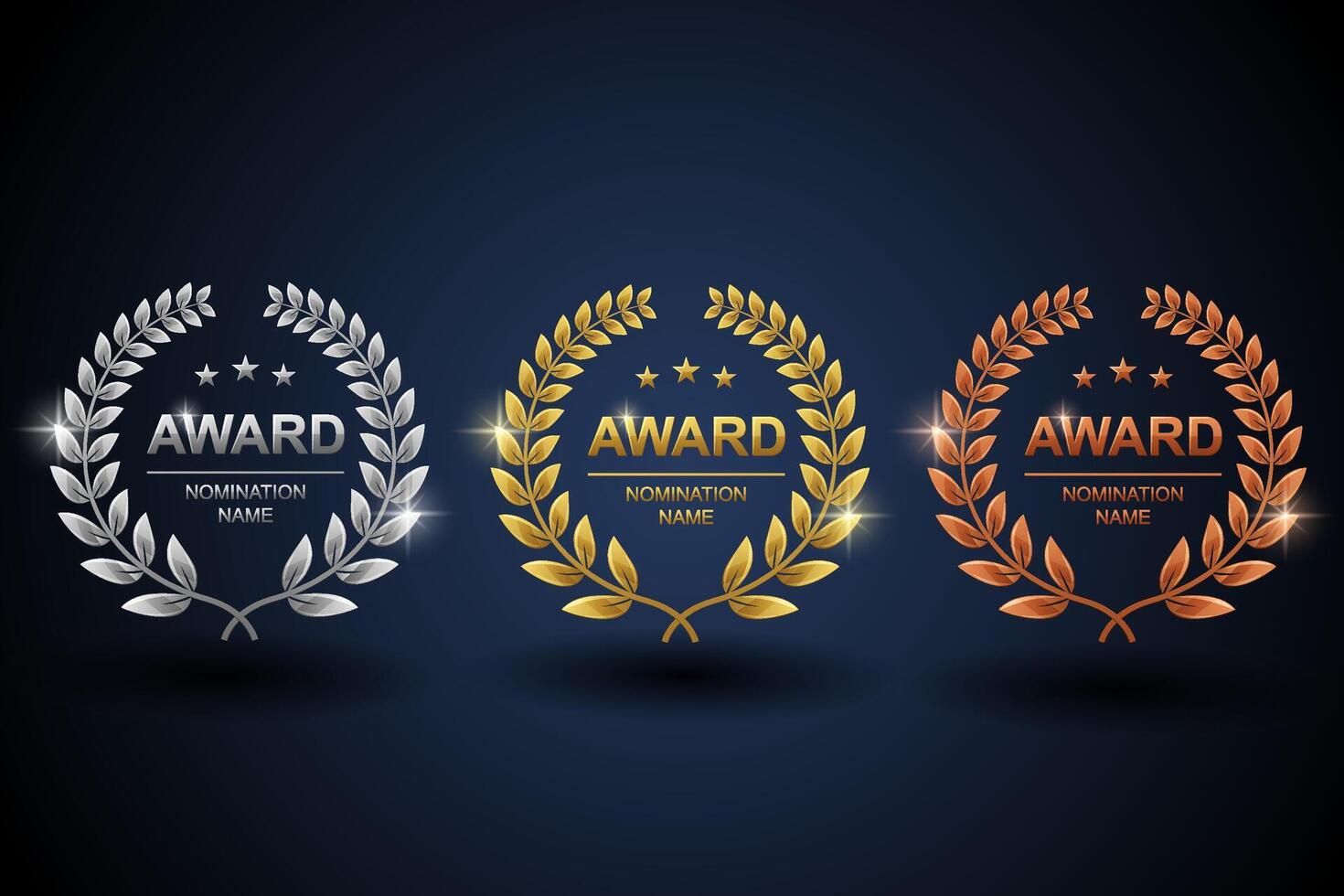 Set of gold, silver and bronze laurel wreath. Winner label vector