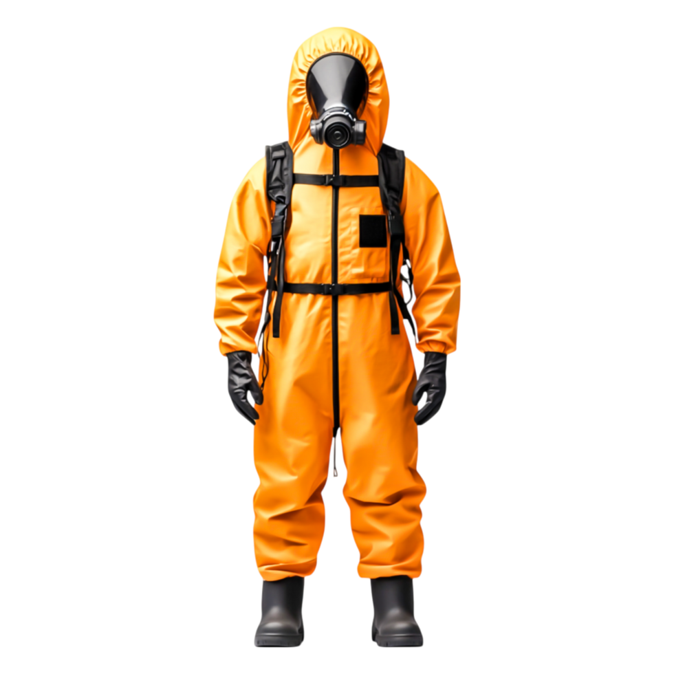 Worker in Orange Hazmat Suit with Gas Mask and Protective Gear png